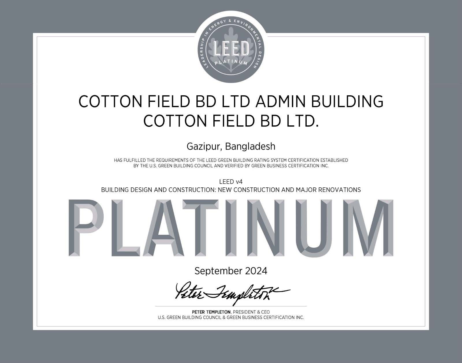 LEED Platinum certificate, admin building
