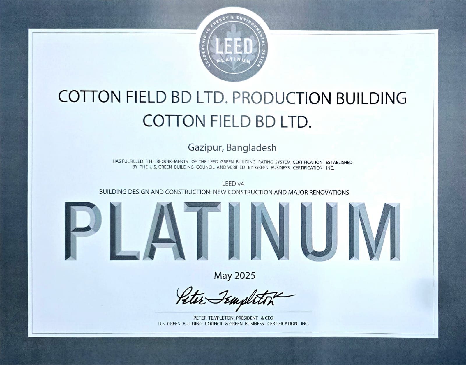LEED Platinum certificate, production building