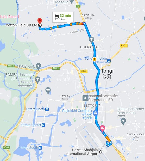 Map from Hazrat Shahjalal International Airport to Cotton Field (BD) Ltd.